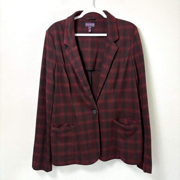 Long Tall Sally Blazer Womens 16 Red Black Plaid One Button Pockets Jacket - Picture 1 of 12